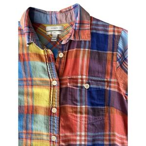 J‎ Crew Boy Button Down Top Size 0 Orange Yellow Blue Plaid Long Sleeve Blouse